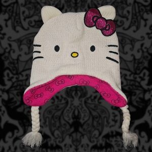 Cute Hello Kitty Cat Ear Beanie With Bow & Braided Tassle Cords - Pink & White